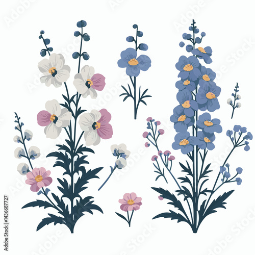 larkspur, flower, blossom, plant, floral, botanical, nature, isolated, illustration, drawing, hand drawn, marigold, graphic, garden, daffodil, vector, rose, art, design, set, summer, background, daisy