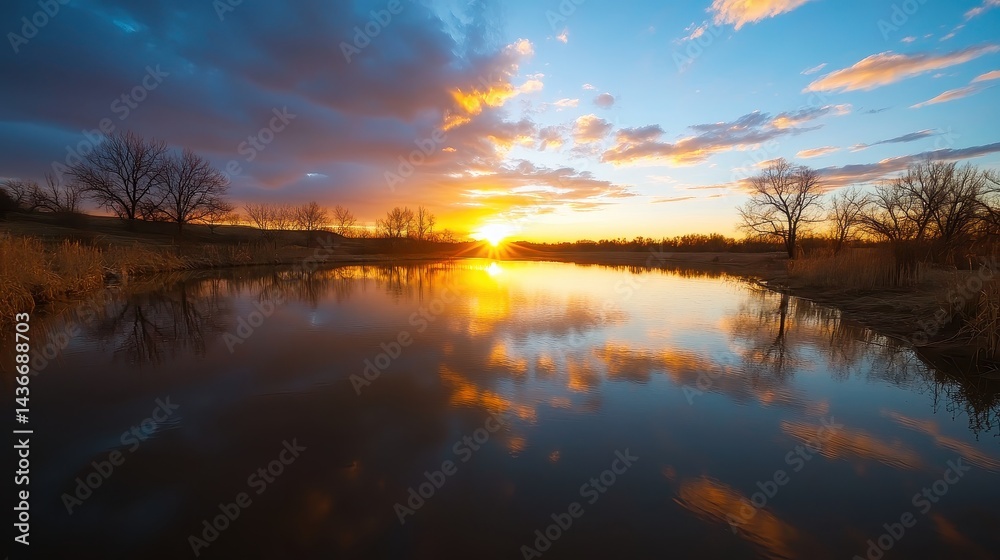 Fototapeta premium Serene Sunset Over Calm Water Silhouetted Trees Golden Sky Reflection Peaceful Landscape Colorful Cloudscape