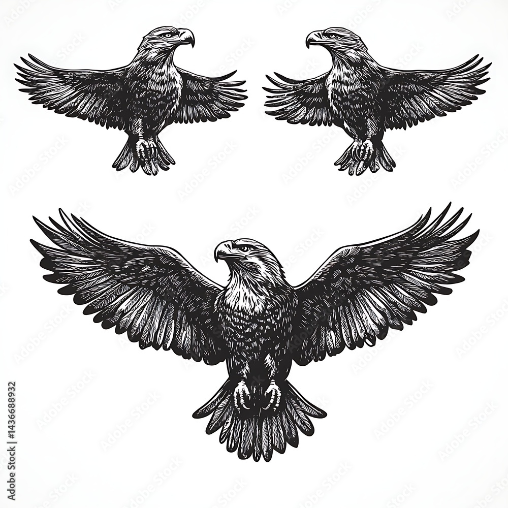 Fototapeta premium Three black and white illustrations of soaring eagles.