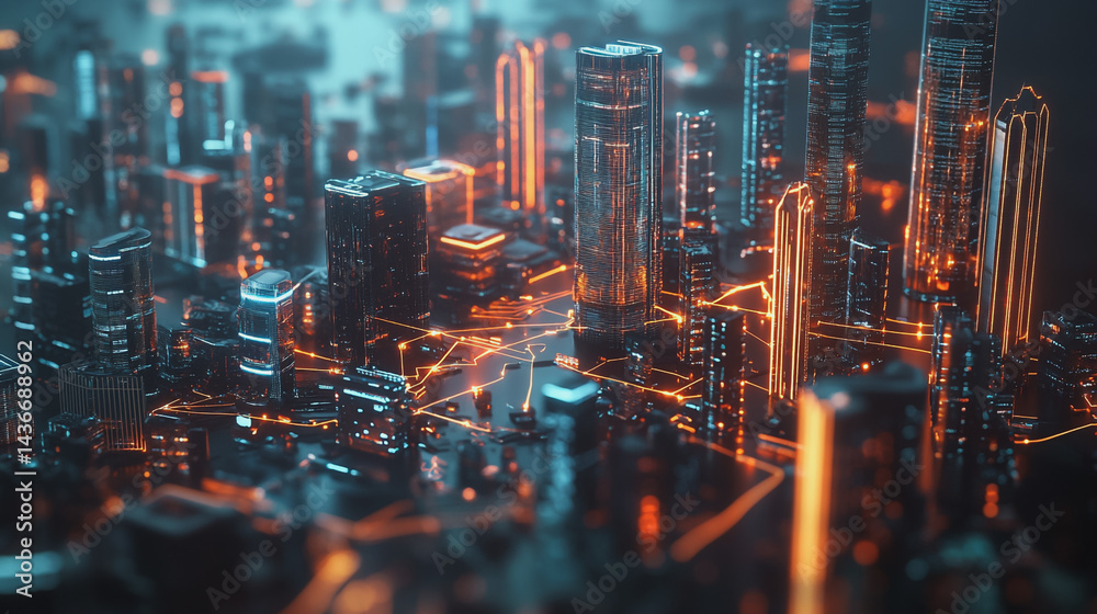 Fototapeta premium Night lights, a city of modern business and smart digital innovation with a network of interconnected rewards over the cityscape of the future smart wireless digital city and social media network that