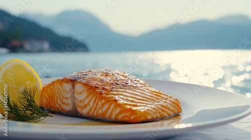 In a picturesque seaside restaurant with a stunning view of the fjord, a mouthwatering Norwegian salmon fillet is grilled to perfection and presented with dill and lemon, as seen in the accompanying