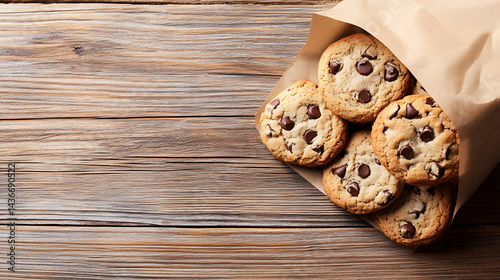 Chocolate chip cookies spilling out of a brown paper bag, sitting on a rustic wooden surface. 