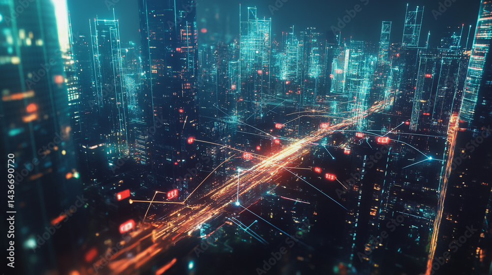 Fototapeta premium Night lights, a city of modern business and smart digital innovation with a network of interconnected rewards over the cityscape of the future smart wireless digital city and social media network that