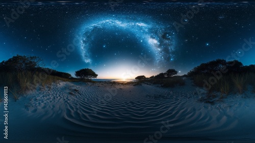 This 'degree starry night desert landscape, named Starry Desert, is an illustration that showcases a desert, night sky, stars, equirectangular projection, environment map, and hdri