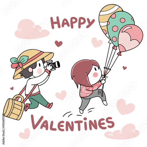 Cute cartoon characters celebrating Valentine's Day with balloons and a camera
