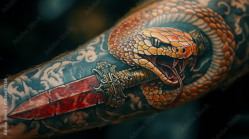 Obraz premium Snake sword forearm tattoo art high resolution photo
