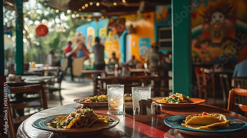 Colorful outdoor restaurant scene with delicious tacos.