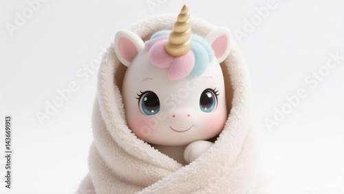 Adorable plush unicorn with pastel rainbow mane and golden horn, wrapped in a cozy white blanket. Cute toy character on a white background