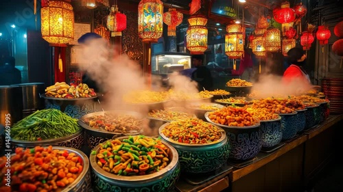 Steaming Street Food Display at Night Market with Lanterns