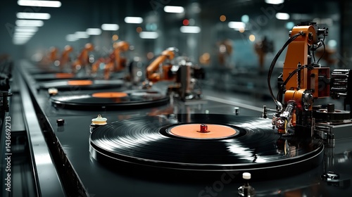 Robotic arm producing vinyl records on a futuristic production line with red lights and glass walls, high-tech manufacturing concept