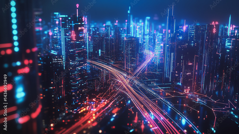 Fototapeta premium Night lights, a city of modern business and smart digital innovation with a network of interconnected rewards over the cityscape of the future smart wireless digital city and social media network that