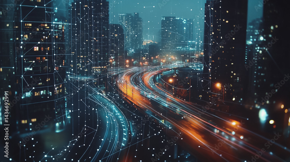 Fototapeta premium Night lights, a city of modern business and smart digital innovation with a network of interconnected rewards over the cityscape of the future smart wireless digital city and social media network that