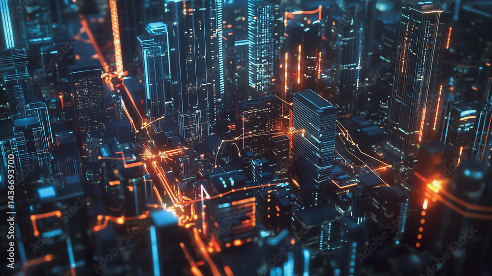 Night lights, a city of modern business and smart digital innovation with a network of interconnected rewards over the cityscape of the future smart wireless digital city and social media network that Night lights, a city of modern business and smart digital innovation with a network of interconnected rewards over the cityscape of the future smart wireless digital city and social media network that