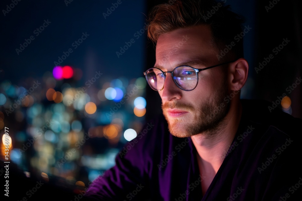 Fototapeta premium The image depicts a young professional utilizing his computer at his workstation during extended hours to finish his work