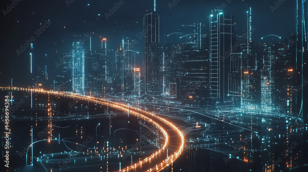 Naklejka premium Night lights, a city of modern business and smart digital innovation with a network of interconnected rewards over the cityscape of the future smart wireless digital city and social media network that