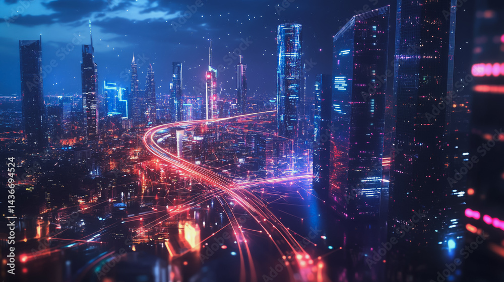 Night lights, a city of modern business and smart digital innovation with a network of interconnected rewards over the cityscape of the future smart wireless digital city and social media network that Night lights, a city of modern business and smart digital innovation with a network of interconnected rewards over the cityscape of the future smart wireless digital city and social media network that