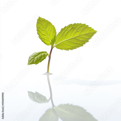 Fresh mint sprout, vibrant green leaves, subtle reflection