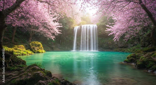 Waterfall Scenery with Pink Blossom Trees and Turquoise Water Springtime