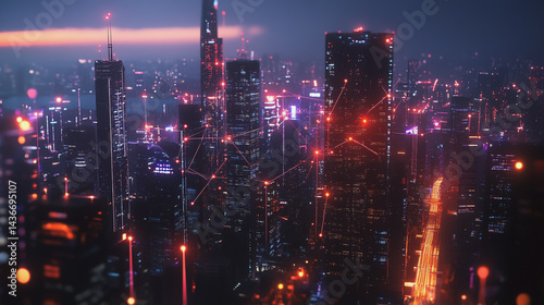 Wallpaper Mural Night lights, a city of modern business and smart digital innovation with a network of interconnected rewards over the cityscape of the future smart wireless digital city and social media network that Torontodigital.ca