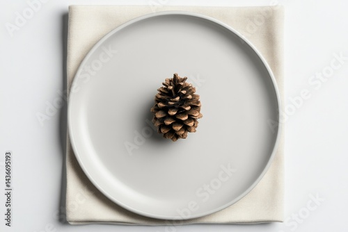 Minimalist presentation featuring pine cone atop elegant plate,