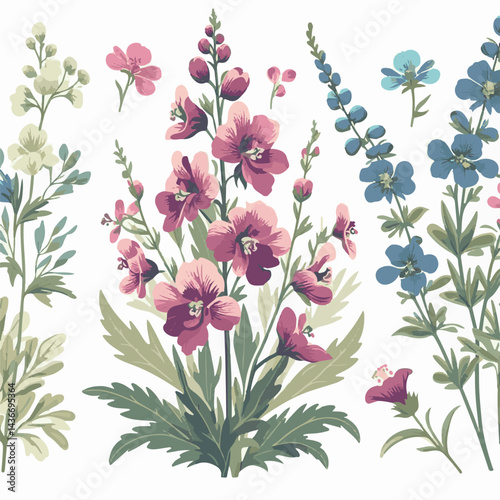 larkspur, flower, blossom, plant, floral, botanical, nature, isolated, illustration, drawing, hand drawn, marigold, graphic, garden, daffodil, vector, rose, art, design, set, summer, background, daisy
