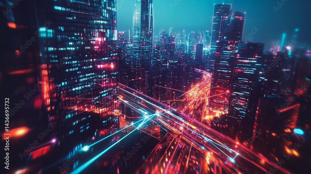 Fototapeta premium Night lights, a city of modern business and smart digital innovation with a network of interconnected rewards over the cityscape of the future smart wireless digital city and social media network that