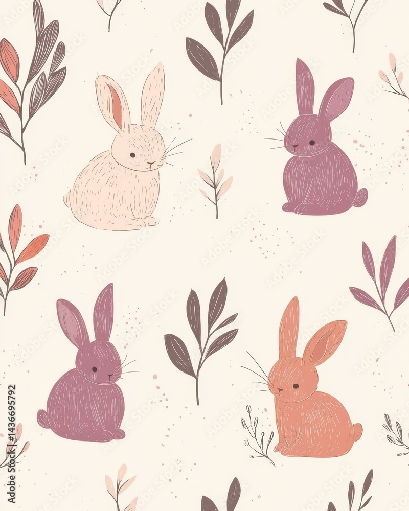 This pattern showcases cute cartoon bunnies in pastel colors, making it perfect for kids' items, textile design, and Easter themes This pattern showcases cute cartoon bunnies in pastel colors, making it perfect for kids' items, textile design, and Easter themes