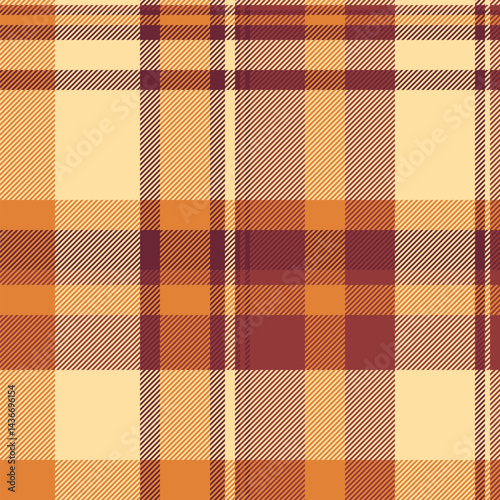 Copy space plaid seamless texture, tidy pattern check background. Stylish fabric tartan textile vector in red and amber colors.