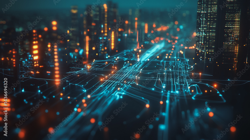 Fototapeta premium Night lights, a city of modern business and smart digital innovation with a network of interconnected rewards over the cityscape of the future smart wireless digital city and social media network that