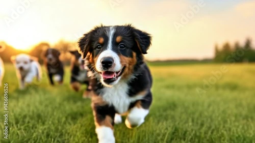 Joyful Puppies Running in Sunset Meadow