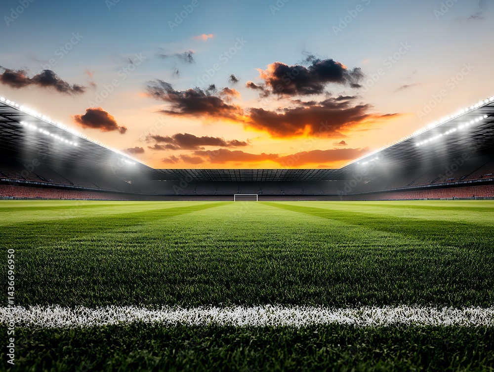 Empty soccer stadium at sunset, illuminated by stadium lights. Empty soccer stadium at sunset, illuminated by stadium lights.