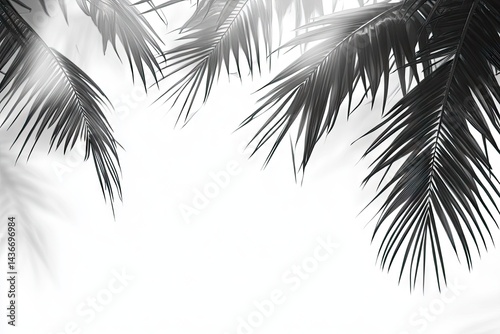 Tropical palm leaves silhouette against a bright white background. Sunlight filters through the fronds, casting delicate shadows