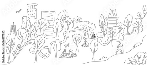 simple horizontal city parkland landscape in linear doodle style. Template for background, wallpaper, banner, backdrop, decoration