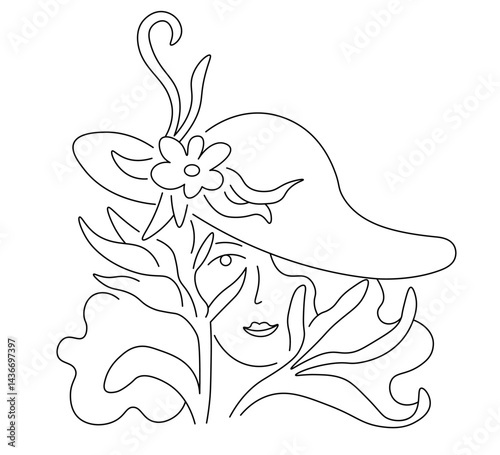 female with blooming flowers in linear doodle style in vector. Element for poster sticker design logo decoration prints postcards