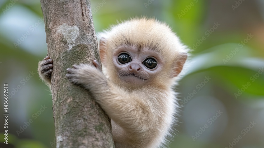 Naklejka premium Adorable baby monkey clinging to tree trunk