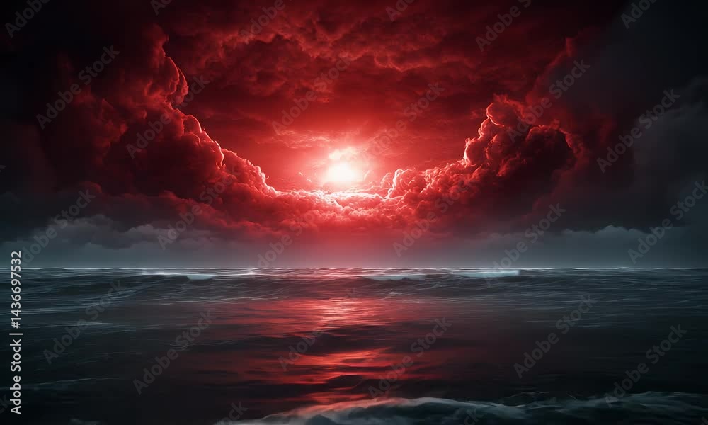Red clouds over the ocean