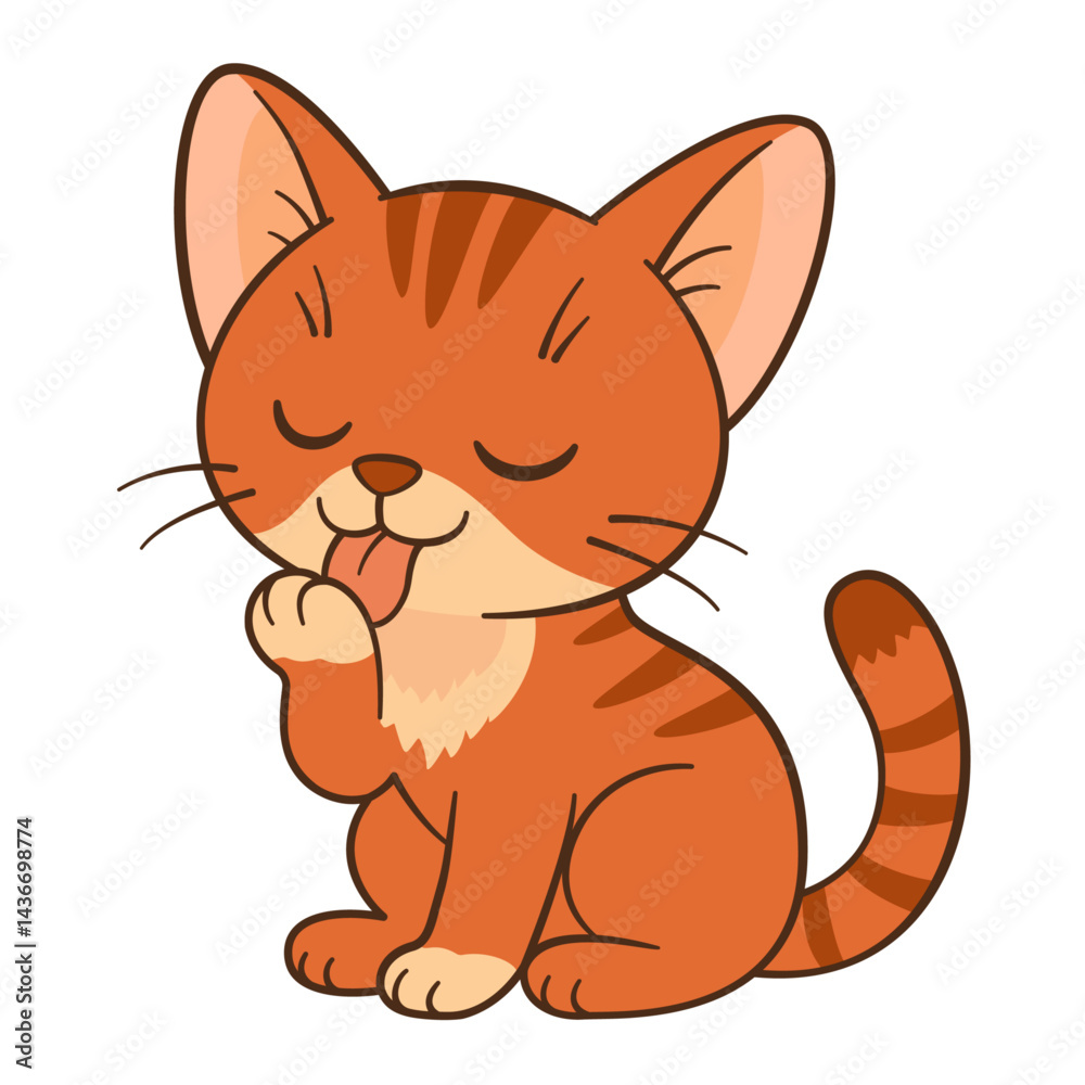Obraz premium Red cat sits and licks paw. Cute ginger tabby kitten. Flat style Chibi cat clean, simple design. Perfect for children’s content, greeting cards, stickers, tshirts, mug and posters Vector illustration