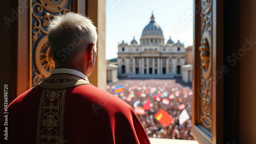Pope of the Catholic Church looking out the window in St. Peter's Square, Vatican