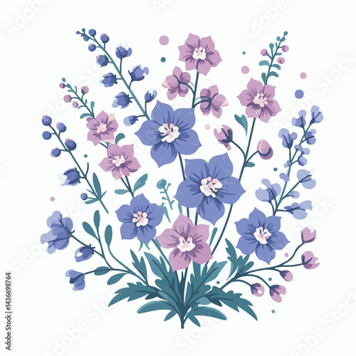 larkspur, flower, blossom, plant, floral, botanical, nature, isolated, illustration, drawing, hand drawn, marigold, graphic, garden, daffodil, vector, rose, art, design, set, summer, background, daisy