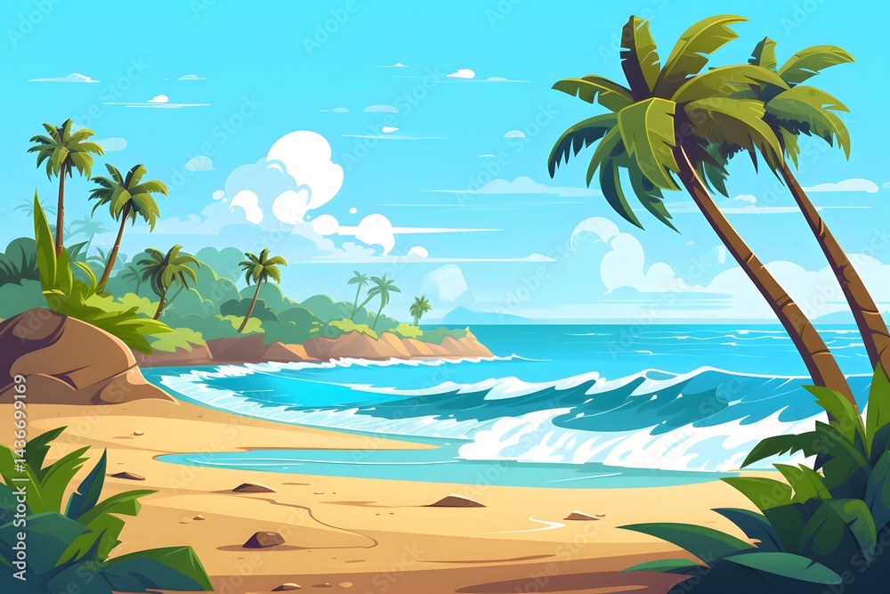 Obraz premium Beach Scenery Illustration Wallpaper, Beach Landscape, Beach Scenery Painting, Beach Wallpaper, Beach Background, Beach Wall Art, Tropical Beach Landscape, Summer Beach Scene, Ocean Illustration