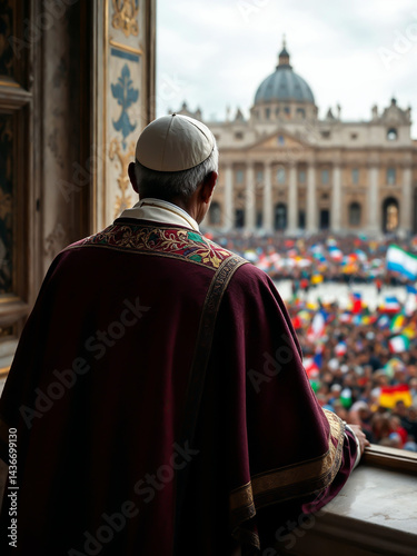 Pope of the Catholic Church looking out the window in St. Peter's Square, Vatican