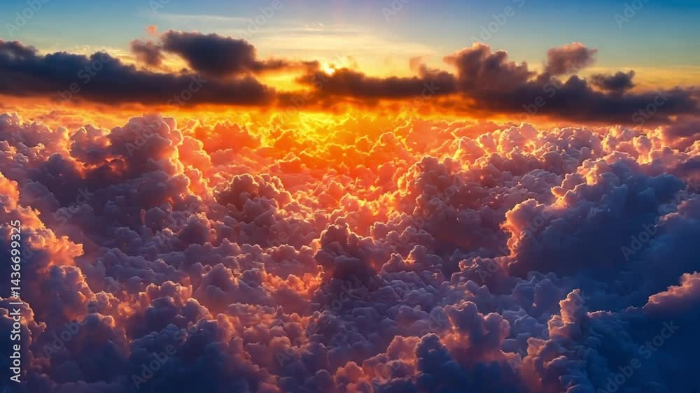 Heavenly Sunset: A breathtaking aerial view of vibrant clouds during a golden sunset, capturing the serene beauty and majesty of nature's spectacle.