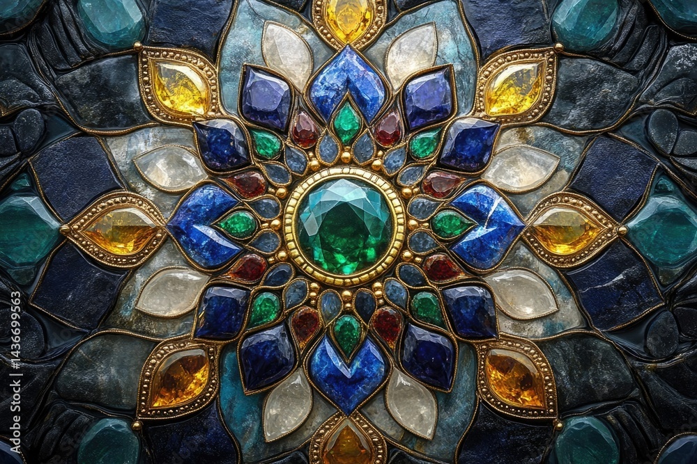 Fototapeta premium Intricate mandala design featuring a vibrant array of gemstones, showcasing rich colors and meticulous craftsmanship.