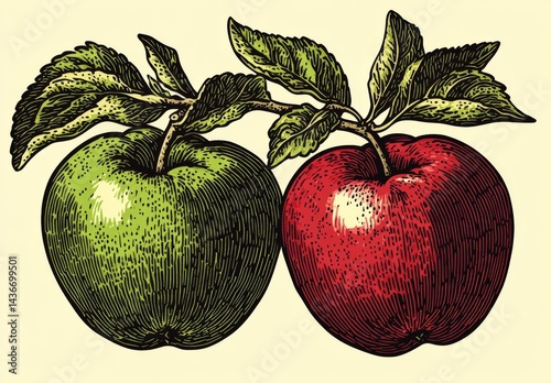 A beautifully rendered vintage illustration of apples in red and green hues, complete with leaves, is suitable for use in cookbooks, healthy food blogs, and as a decorative element in kitchens