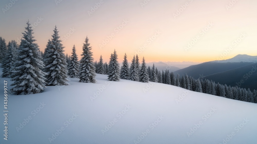 Serene winter landscape with snow-covered trees and soft pastel Serene winter landscape with snow-covered trees and soft pastel