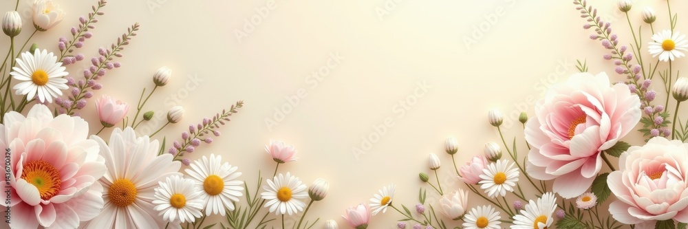 Obraz premium Celebrate mother's day with a vibrant floral arrangement featuring delicate pink roses and cheerful daisies set against a soft, neutral background.