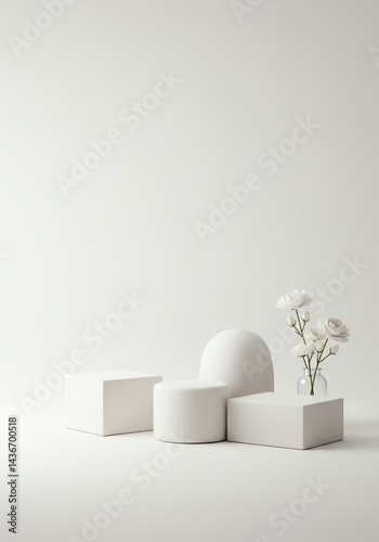 Wallpaper Mural Displaying Products on Minimalist White Geometric Stands with White Flowers Torontodigital.ca