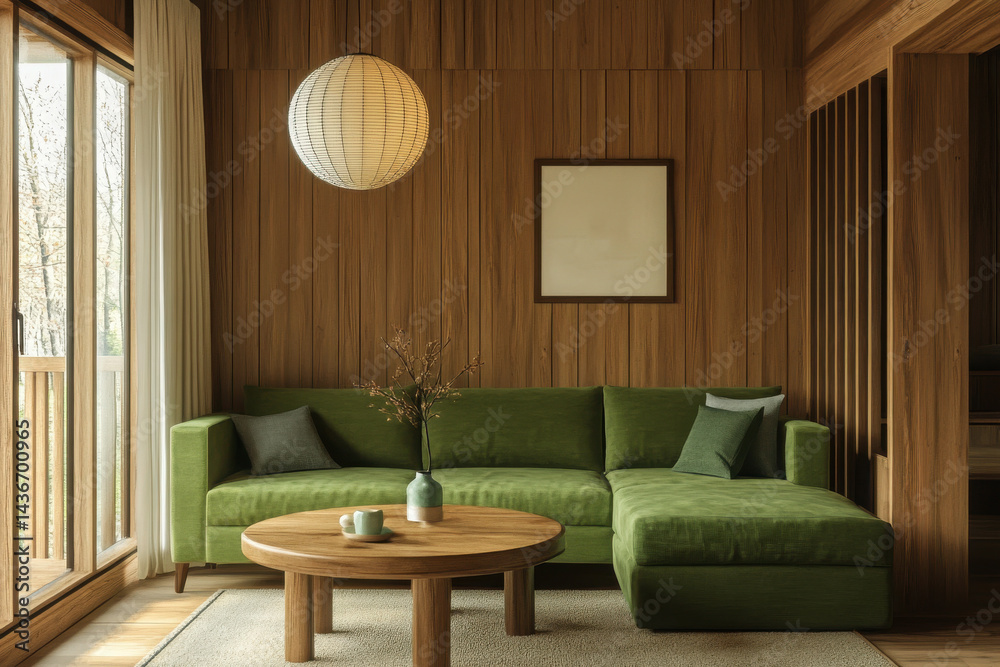 Fototapeta premium Cozy living room with green sofa, wood paneling, natural light, and earthy tones creating a serene and rustic atmosphere