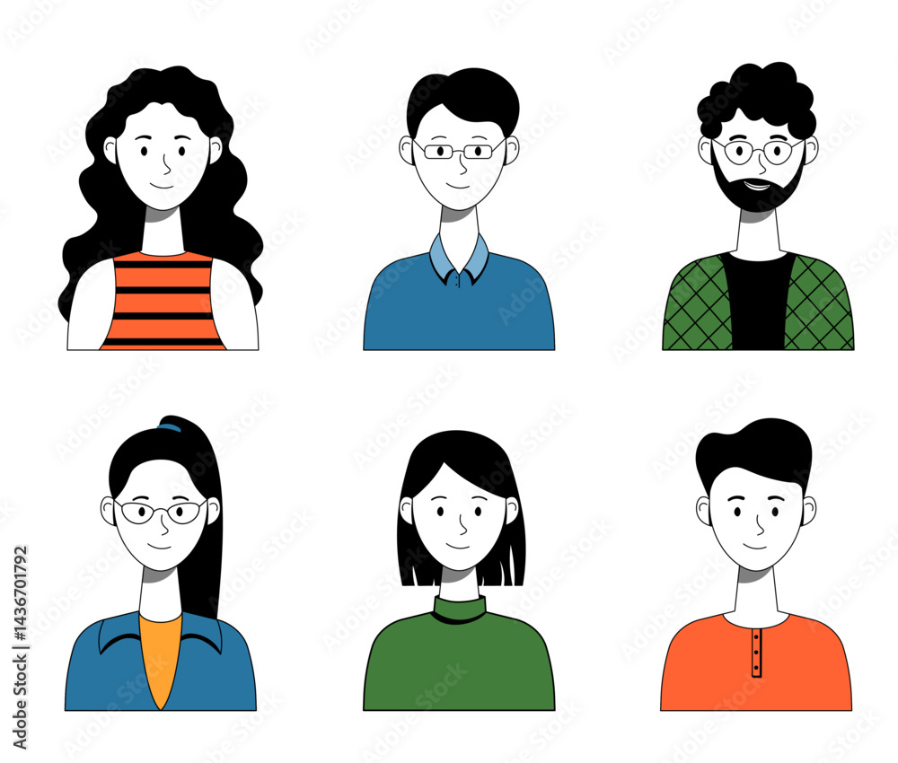 Set of Colorful Cartoon People Avatars, Diverse Character Portraits, Flat Design Set of Colorful Cartoon People Avatars, Diverse Character Portraits, Flat Design