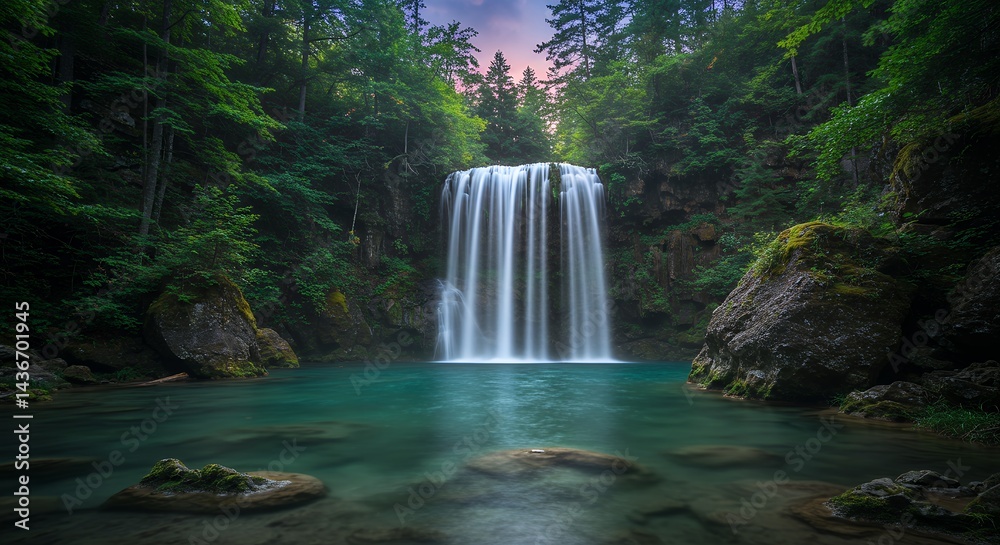 Obraz premium Waterfall Cascading into Turquoise Pool in Lush Forest Setting at Dusk